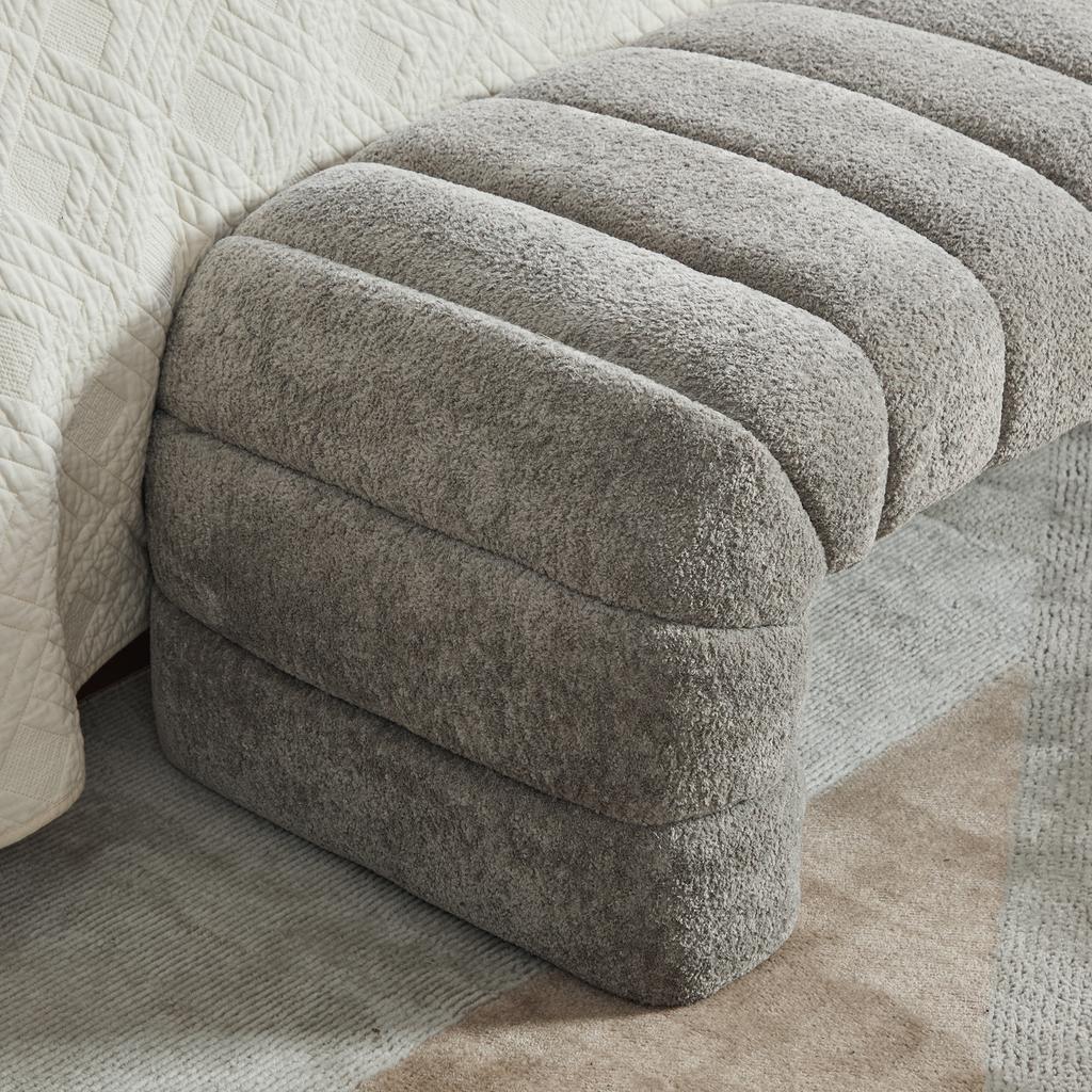 Modern Armless Chenille Upholstered Bed Bench with Channel Tufting, Chaise Longue & Stool for Living Room, Bedroom, Entryway, Gray