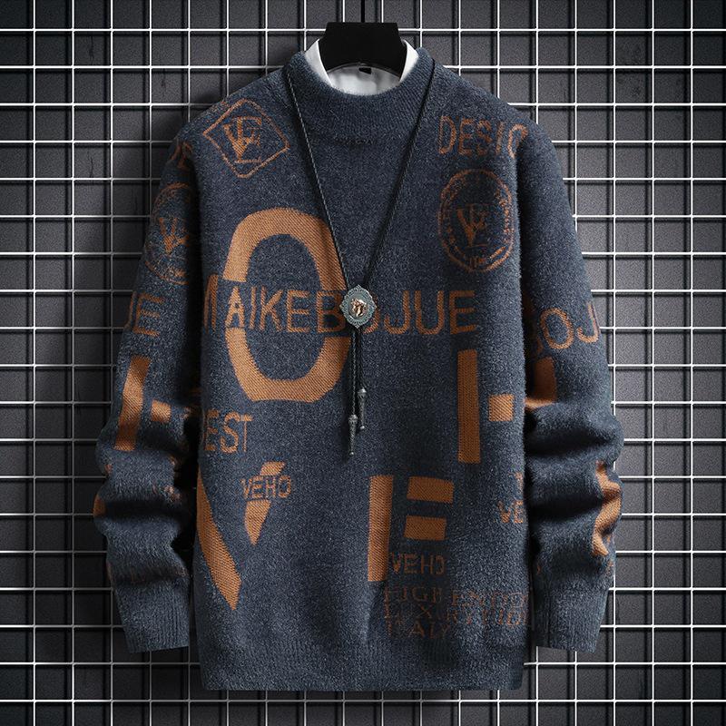 Men's Half-High Collar Knit Sweater - Velvet-Lined, Warm Woolen Autumn/Winter Wear, Youthful Lazy Style