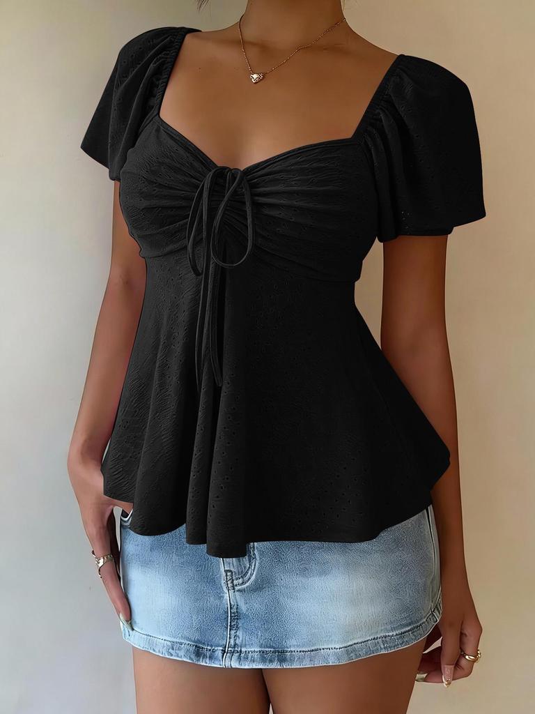 2026 Summer European & American V-Neck Drawstring Short-Sleeve Plain T-shirt for Women