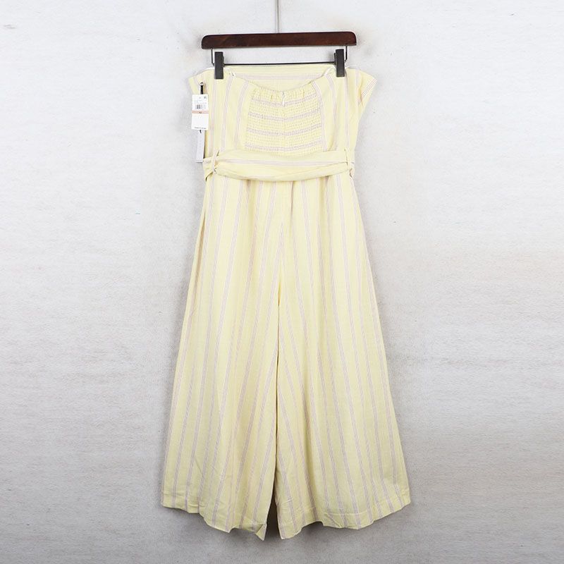 

Sunshine House Summer New Arrival Export European and American plus Size Women s Clothes Vertical Stripes Loose Wide Leg Jumpsuit + Vest One-Piece Yellow 14: Bust size 96