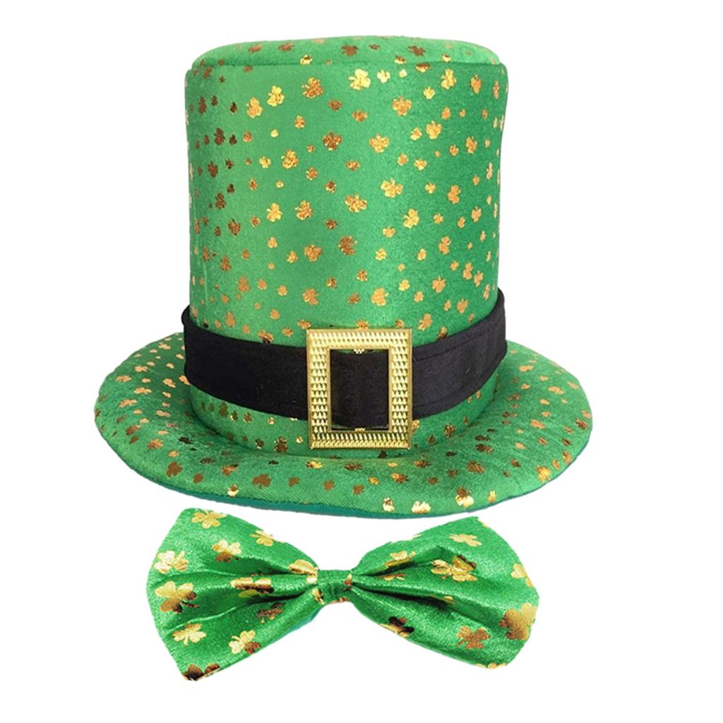 StPatrick Day Green Hat & Bowtie Set Shamrock Hat Irish National Day Celebration Party Flat Top Hat Carnival Accessories
