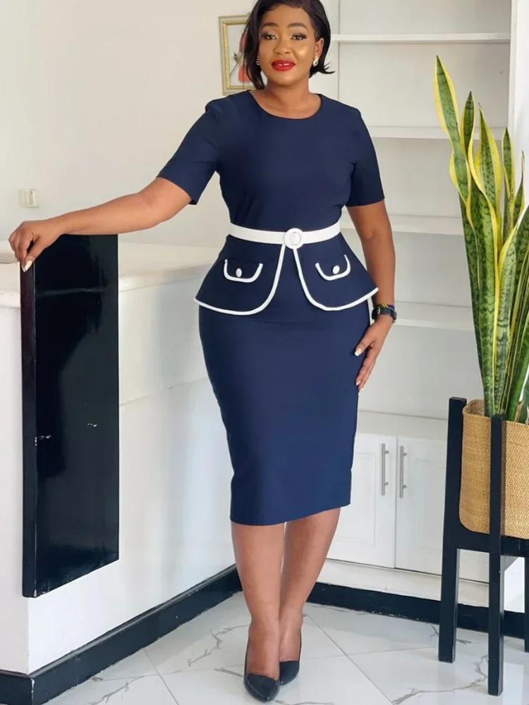 

Элегантные церковные платья с круглым вырезом, облегающие, с короткими рукавами, скромная офисная женская рабочая одежда с круглым вырезом для профессиональной африканской женщины 0XL тёмно-синий