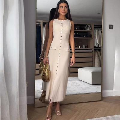 Robe longue tricotée sans manches pour femme, col rond, simple boutonnage, fausses poches, décoration, robe de soirée fendue, robe de plage d'automne