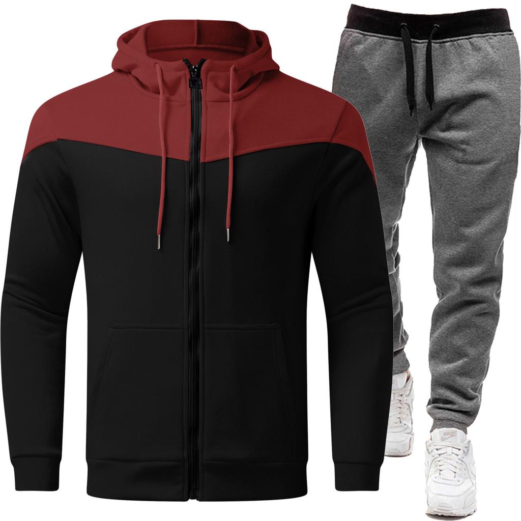 Cross Border Contrasting Sweatshirt Jacket+zipper Cardigan Hooded Men's Suit Casual Fashion Men's Long Sleeved Sports