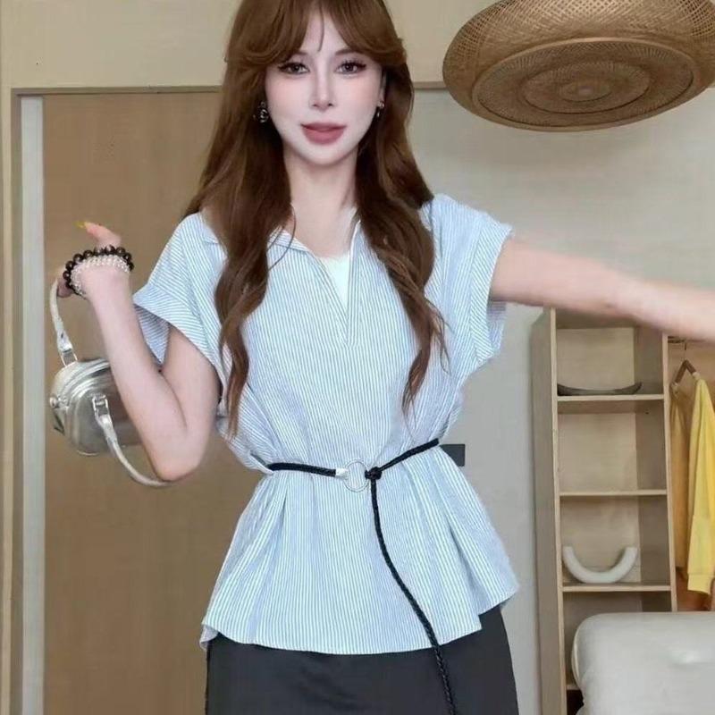 Ladies' Blue Striped Shirt Women's Waist Cinching Tie Short Sleeves Blouse Summer Female New Korean Version Slimming Top