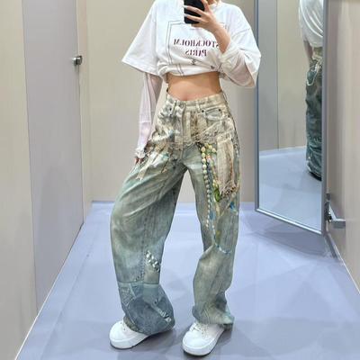 Women's Retro Lace Chain Patchwork 3D Print Jeans
