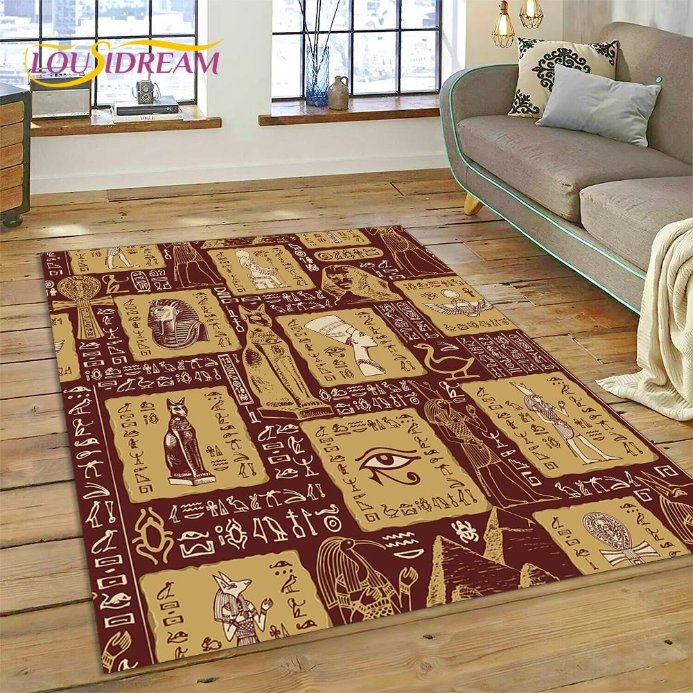 Tapis HD Hiéroglyphes Pharaoniques Mythologie Égyptienne 3D pour Salon Chambre Décoration de Maison, Décoration Antidérapante pour Canapé Paillasson