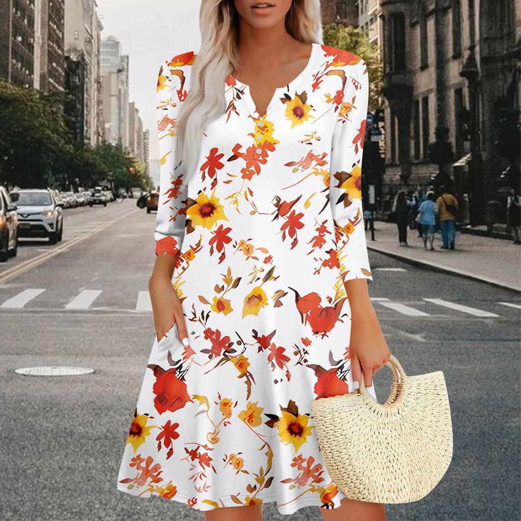 Women's Summer Dress Loose V Neck Three-quarter Sleeve Sundress With Pockets Dress