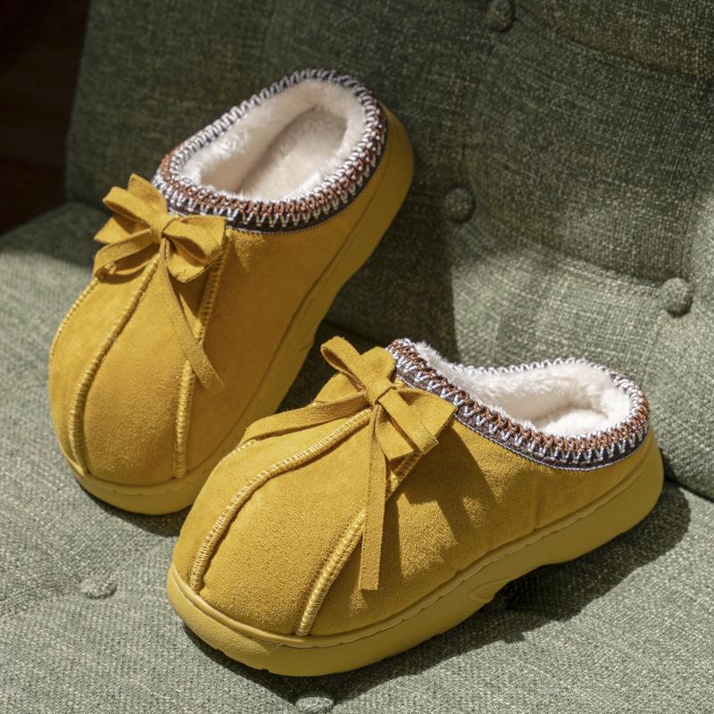 New ethnic style bow slippers autumn and winter indoor home velvet warm anti-skid cotton slippers