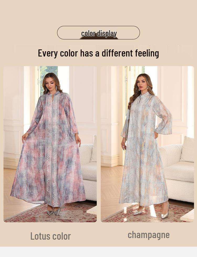 Elegantní abája s potiskem flitrů: Módní dlouhé islámské šaty pro ženy