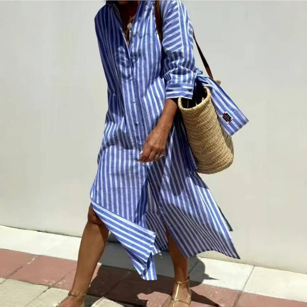 Long Sleeve Cotton Linen Shirt Dress Elegant Long Dress for Women Fashion Print Button Lapel Neck Casual Dresses Robe Femme