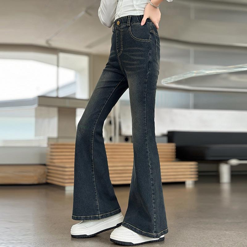 Girls' 2024 Korean Style Elastic Slim Fit Denim Flare Pants for Spring/Autumn