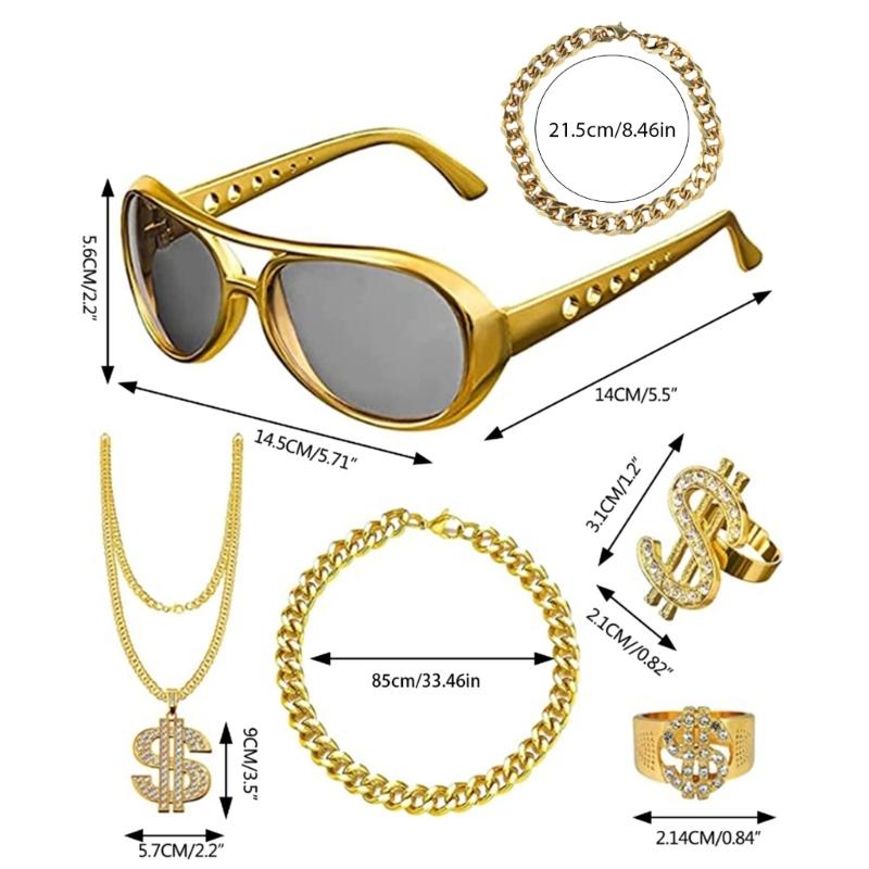 Hip Hop Costume Kit Dollar Sign Pendant Necklace Adjustable Hat Hip Hop Dollar Rings Sunglasses Bracelets Set Gifts
