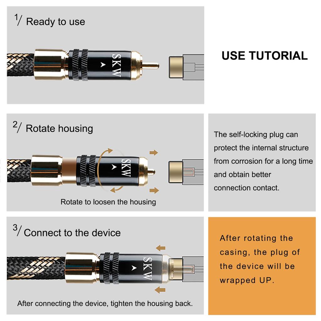 SKW Upgraded RCA Audio Cable, 2 RCA to 2 RCA Self-Locking Plugs, RCA Cable for CD Player, Amplifier, DAC Decoder, 3m