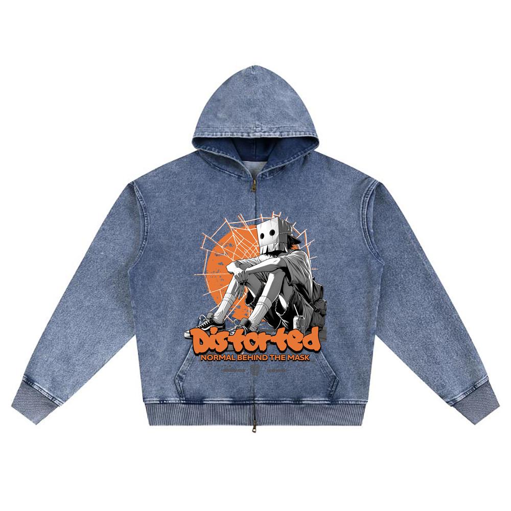 DTG Print Knitted Denim Zip-Up Hoodie Distorted Brother Print Zipper Hoodies  