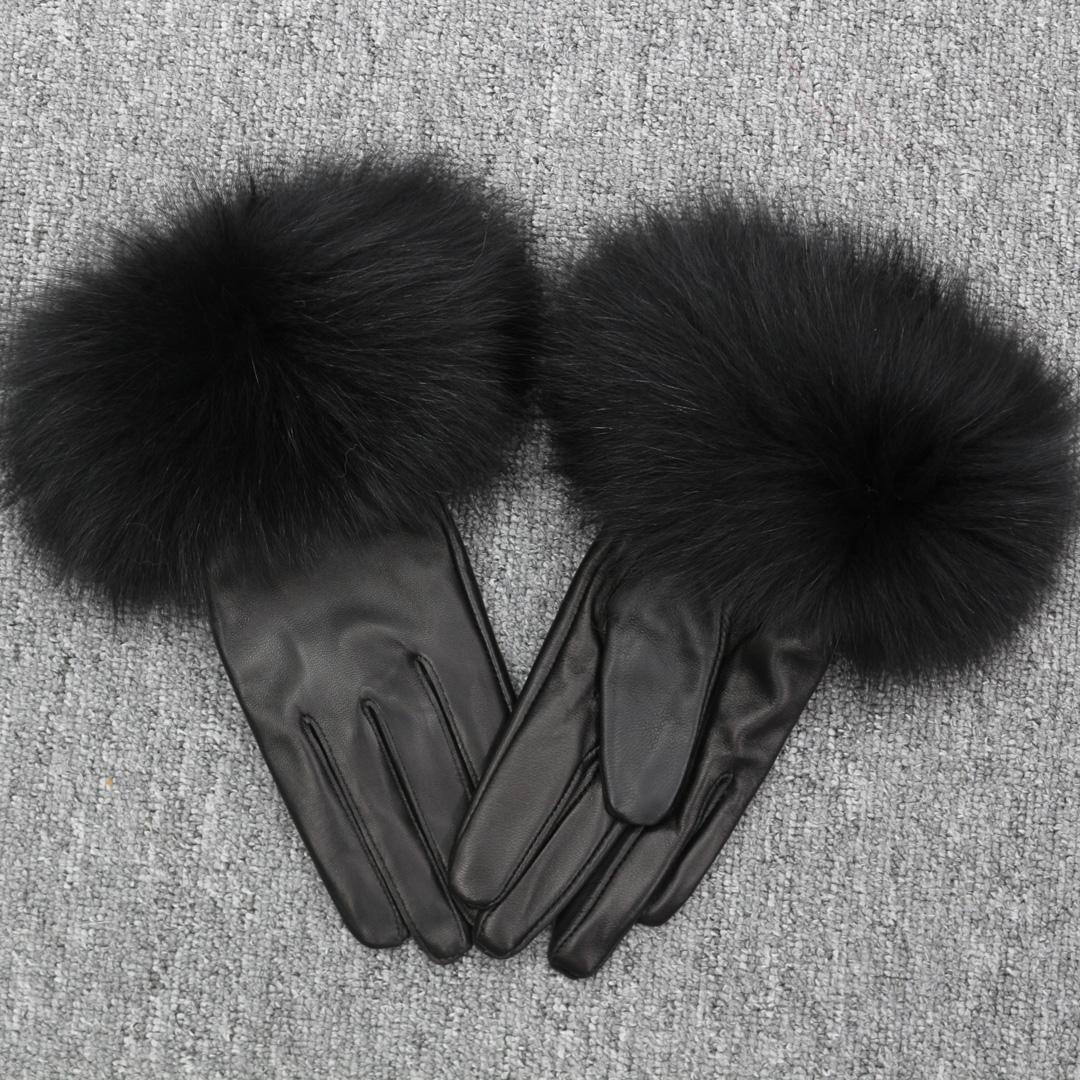 Good Price fox Fur Cuff Sheepskin Leather Winter Gloves for Women Fashion Red Ladies Leather Gloves Women With Wool Lining One Size чёрный