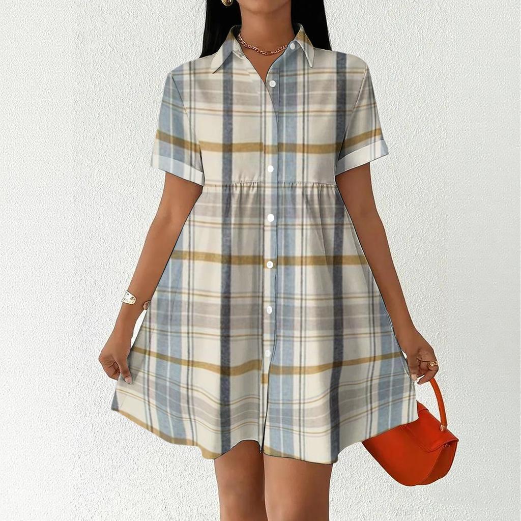 Casual Loose Fit Shirt Dress with Button Front and Stand Collar Short Sleeve Relaxed Fit Plaid Pattern Dress for Women