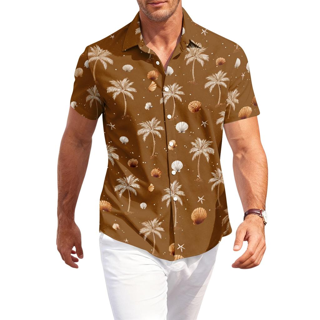 Men's Casual Loose Fit Short Sleeve Hawaiian Shirt Lightweight Breathable Button Down Beach Shirt with Tropical Palm Tree and Shell Print
