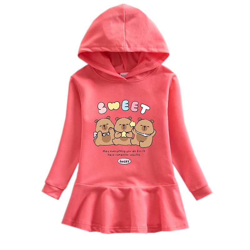 Spring & Autumn Ruffle Cartoon Rainbow Girls' Long Sleeve Hooded Sweatshirt Dress