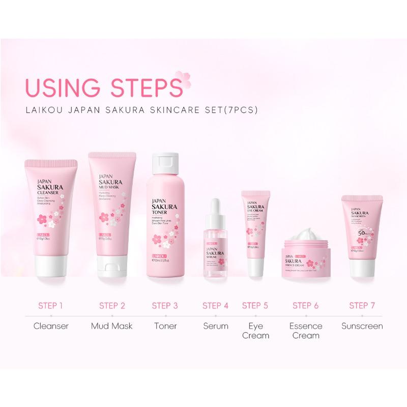 LAIKOU Japan Sakura Skin Care 7-pieces set, Face Cleanser Toner Serum Cream Mud Mask Sunscreen Eye Cream