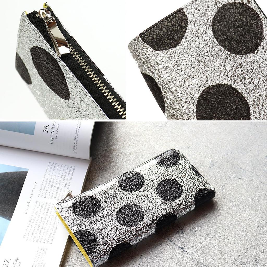 VIA DOAN Women's Slim L-Shaped Zipper Long Wallet, Genuine Leather, Polka Dot Pattern, Made in Japan [No. 561]