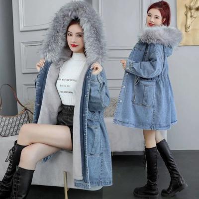 Autumn Winter Women's Jeans Coat Thick Wool Denim Jacket Loose Hooded Long Clothes Female Outerwear