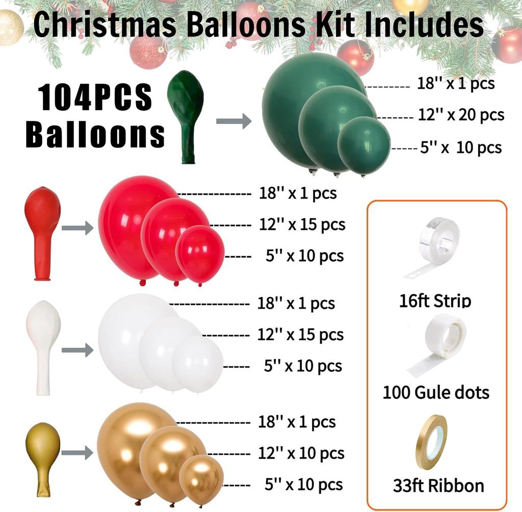 104 red, green, white, and gold balloon garlands, Christmas happy balloon arch decorations, holiday party background decorations