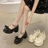 Mary Jane Shoes Women's Spring 2025 New Fashion High Heel Bow Platform Heel Pearl with Skirt Small Leather Shoes