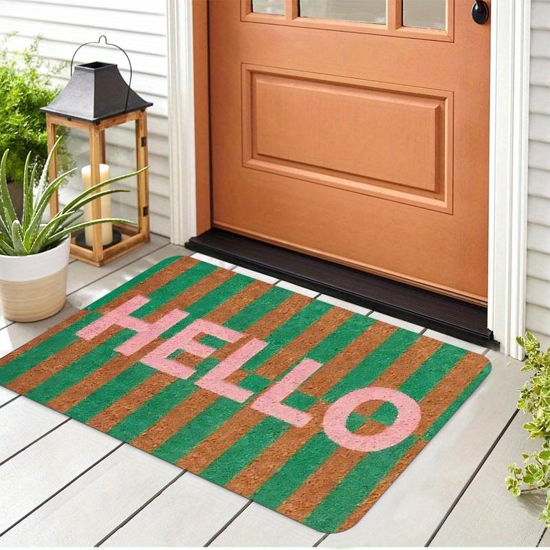 Peach Pink Hello Forest Outdoor Mat - Thick Plush Flannel Doormat, Minimalist Welcome Design, Nature-Themed Entrance Rug