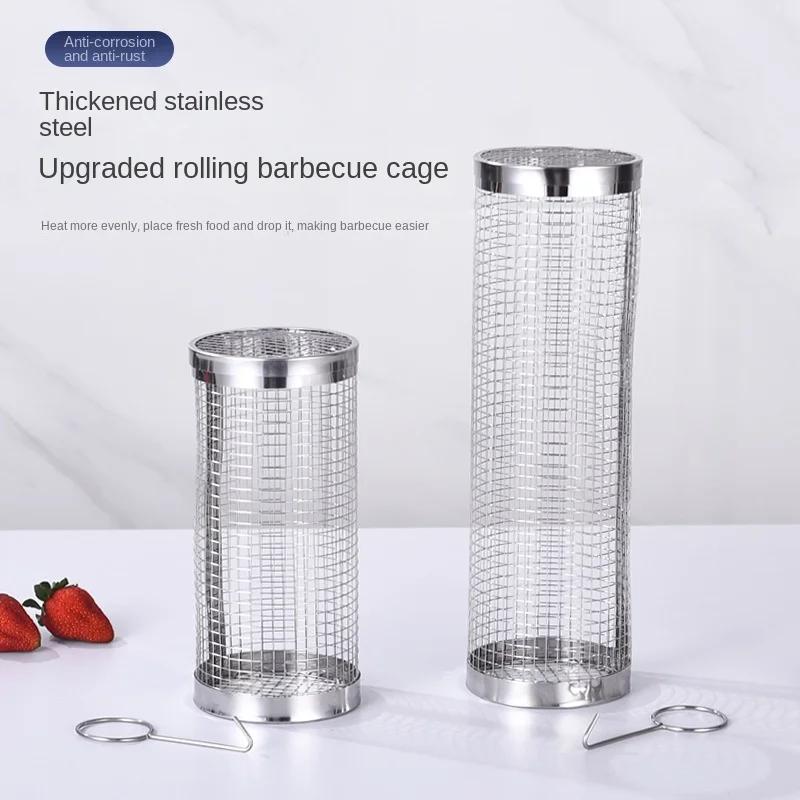 BBQ Cage Rolling New Type Stainless Steel Round Rolling Grill Basket Outdoor Portable Grill Basket Barbecue Rack Stainless Steel