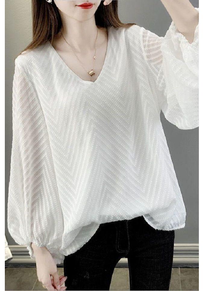 

Women s Trendy Loose-Fit Trumpet Sleeve Chiffon Pullover - Spring 2026 European Style Plus Size Shirt XL (115-130 kg) білий