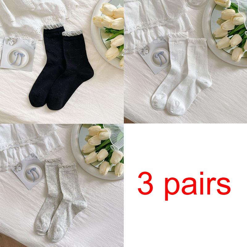 3 Pairs Spring/Summer Women's Thin Hollow-Out Mid-Calf Socks Ballet Bubble Tongue Lace Socks for Girls Women