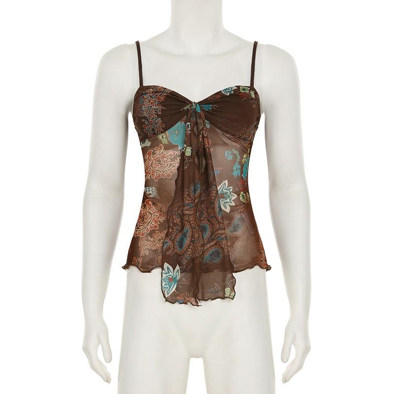 Top Canotta da Donna Estiva con Spalline Sottili, Stampa Floreale Paisley, Rete Trasparente, Nodo Frontale, Vestibilità Aderente