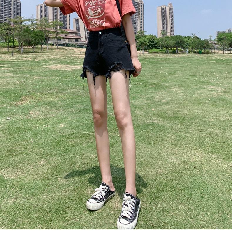 Classic and Minimalist Fashion Versatile Black Broken Holes Women's Summer High-waisted Outside Wear Thin A-line Wide-legged Ragged Denim Shorts