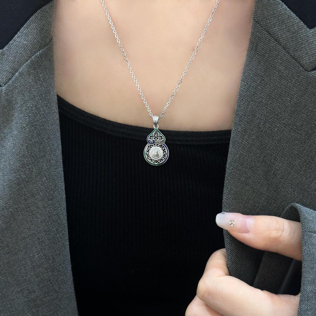 S925 Sterling Silver Enamel Gourd Necklace: Fashionable Chinese Style with Auspicious Clouds, Luxury Clavicle Chain for Fortune & Prosperity