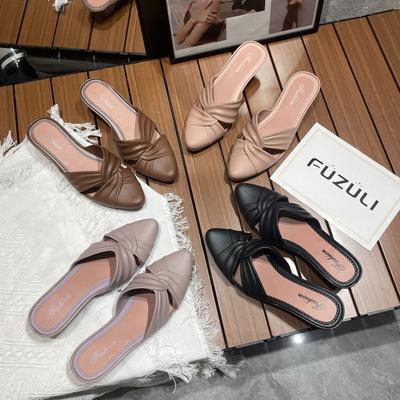 High-heeled Cool Slippers for Women's Summer New French Casual Fashion Pointed Thick-heeled Black Single Shoes