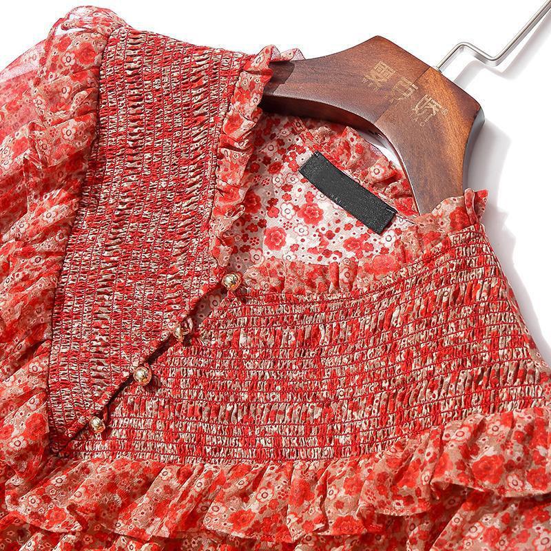Vintage Elegant Printed Button Chiffon Shirt Spring Ruffled Neck Long Lantern Sleeve Loose Pullover Blouse Women's Clothing