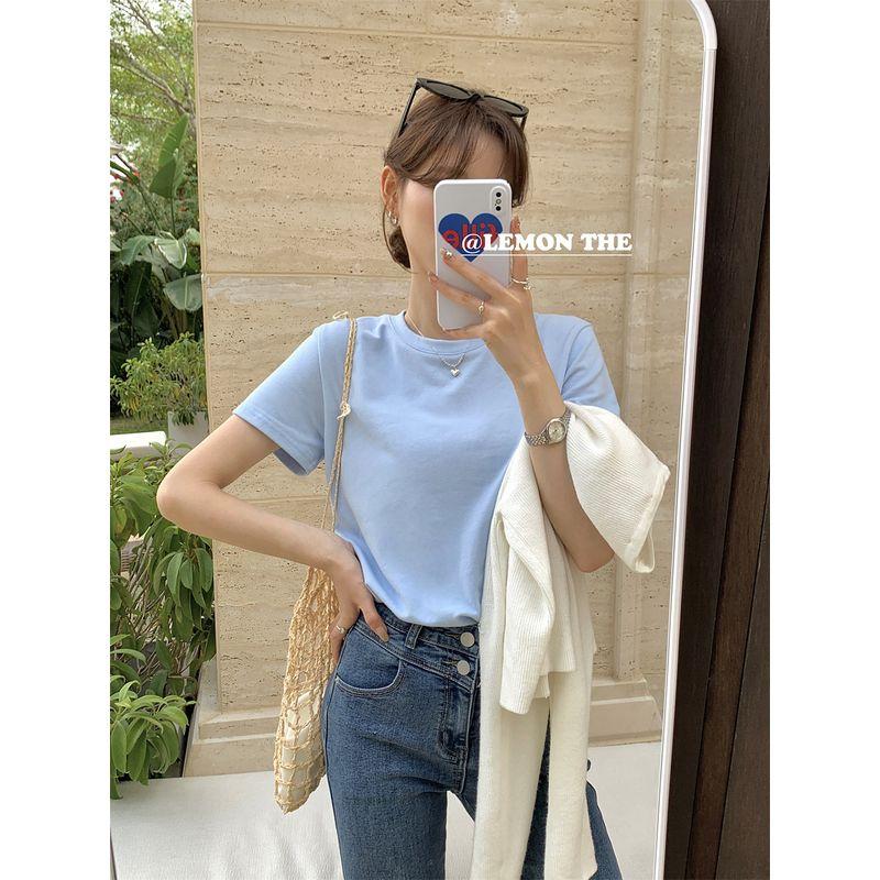

Fashion Shoulder Spring-Summer Top round Neck Short Sleeve T-shirt Shallow water Blue S