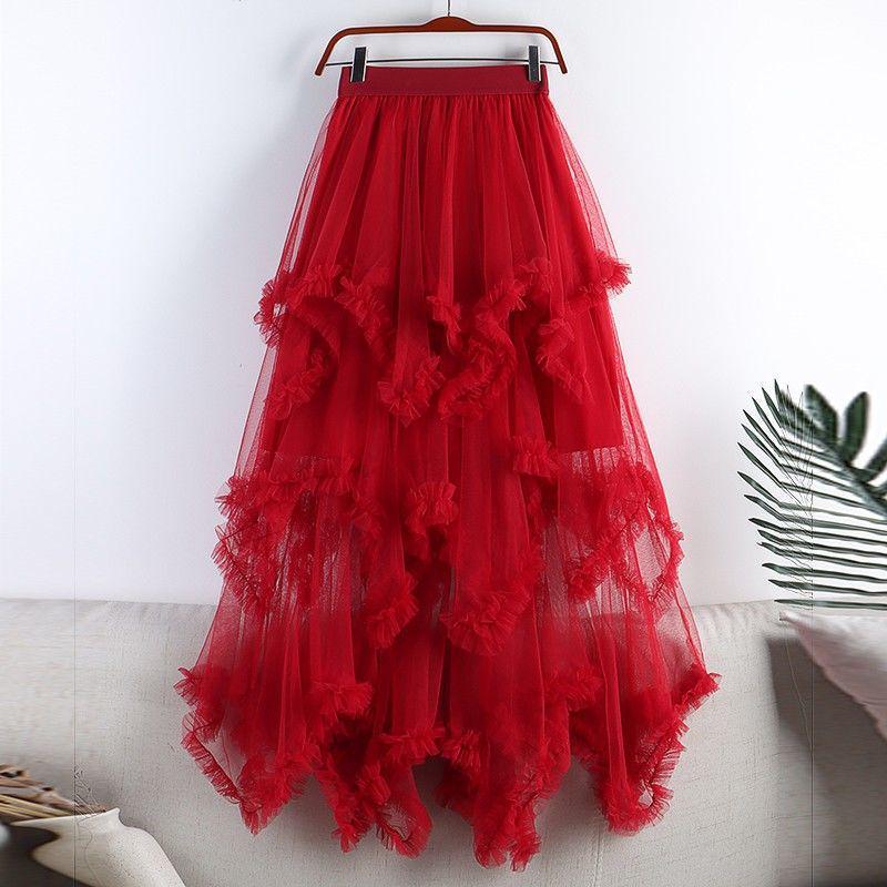 Women's 2024 Summer High-Waist Mesh A-Line Ruffled Skirt - Irregular Mid-Length Niche Style