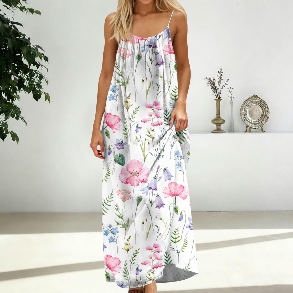 Damenmode Rückenfreies Spaghettiträger Lässiges Lockeres Blumenprint Kleid