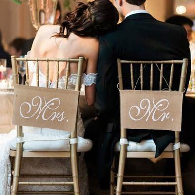 1 Set of 2 Burlap Bows Mr. & Mrs Burlap Chair Banner Set Chair Sign Garland Rustic Wedding Party