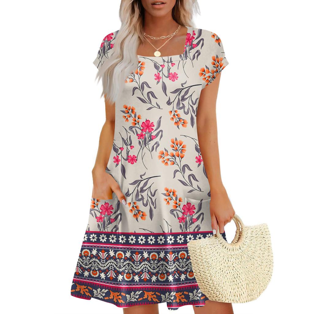 Summer Dresses For Women Loose Square Neck Cap Sleeve Casual Beach Vacation Tshirt Dress Sundresses With Pockets