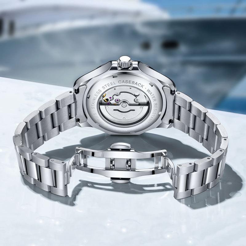 Brand Men's Automatic Skeleton Mechanical Waterproof Luminous Steel Strap Watch