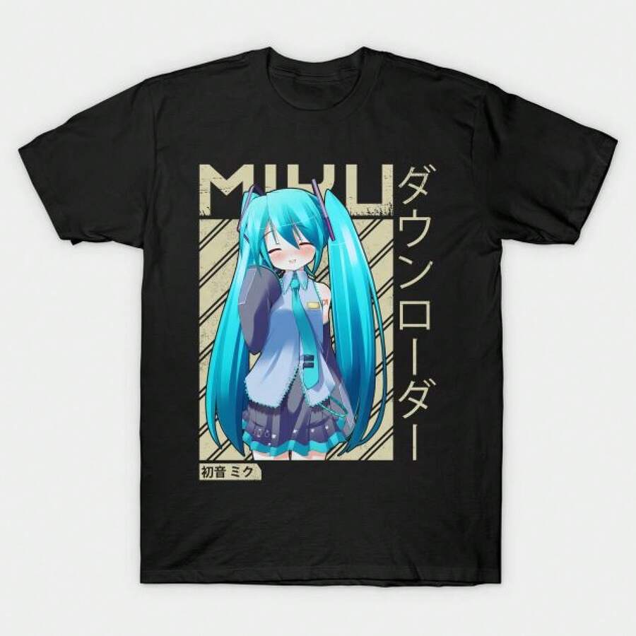 Womens Graphic Tee Miku With Long Blue Hair Wearing School Uniform Standing In Front Of Geometric S