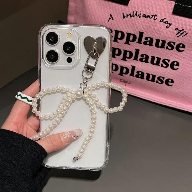 Sweet Imitation Pearls Bowknot Keychain Beaded Heart Pendant Keyring For Women Handbag And Backpack Key Chain Exquisite Ornament