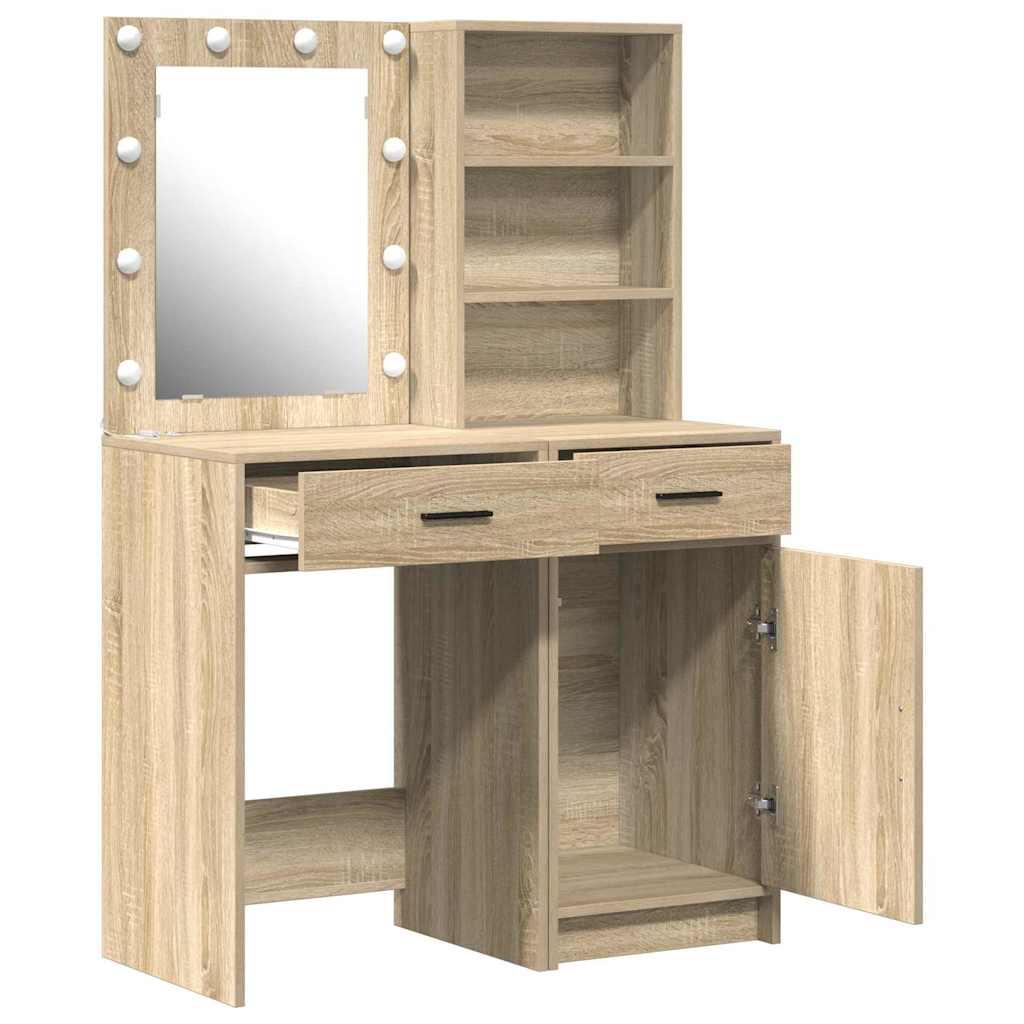Makeup Table Set with LED 2 pcs Sonoma Oak Wood Based Material