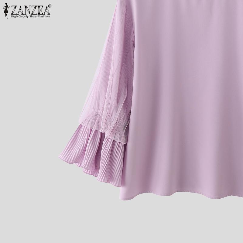 ZANZEA Dámské jarní síťované skládané halenky s kulatým výstřihem a 3/4 rukávem