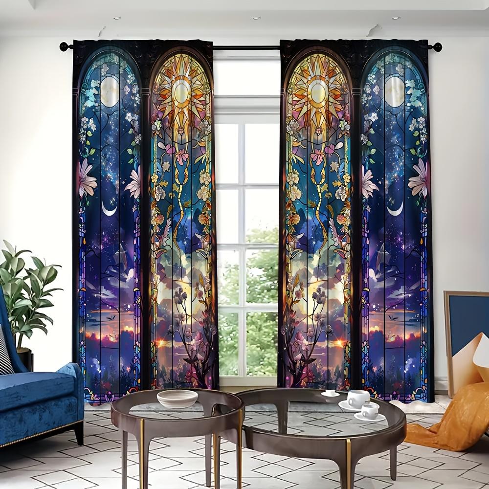 two-piece sun moon starry sky psychedelic oil painting theme modern hanging curtain, bedroom decoration transparent curtain