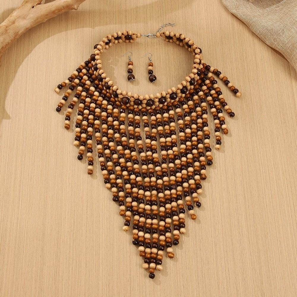 1920s Necklace Earrings Set Wood Ear Studs Elegant Tassel Necklace  Evening