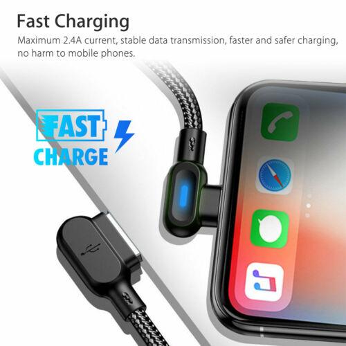 2M Double Bend 90° Right Angle Micro USB Type-c For Apple Interface LED Fast Charging Data Cable